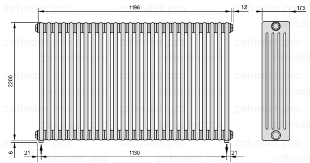 Схема (чертеж) Радиатор Zehnder Charleston 5220/26 №3570 Белый глянцевый RAL 9016